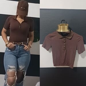 SWS Essentials Women knitted brown collared buttoned crop top